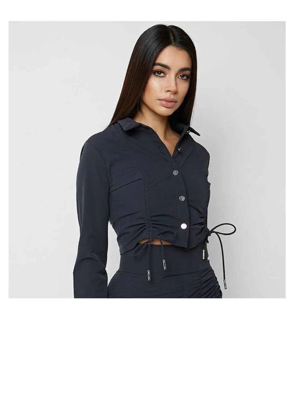 Womens Black Cropped Drawstring Shirt Jacket maniere de voir